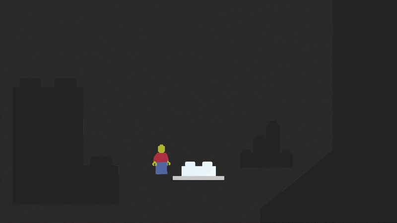 Animated figure steps on a LEGO brick in a dark cityscape, then hops away holding its foot in pain.