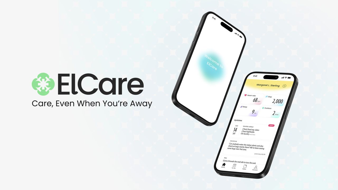ElCare logo and slogan beside two smartphones displaying the ElCare app interface with health metrics and a welcome screen.