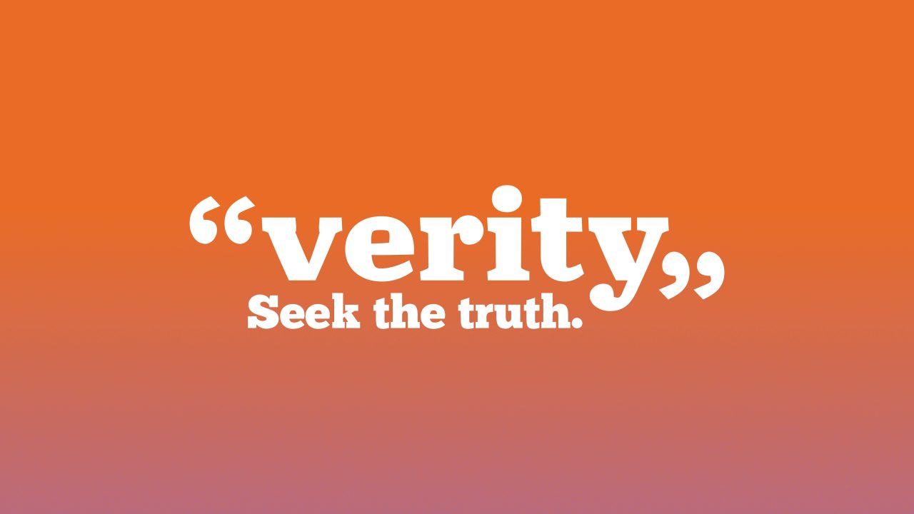 The image displays the word verity in bold white text, followed by the phrase Seek the truth. on an orange-to-purple gradient background.