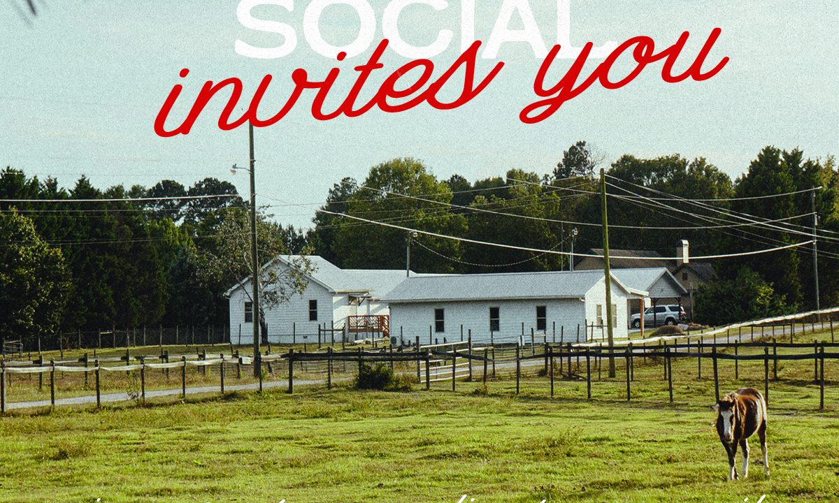 A pasture with a horse, wooden fences, and a white building in the background; overlaid text advertises a Fourteen Social event at WEC Rose Garden on December 13.