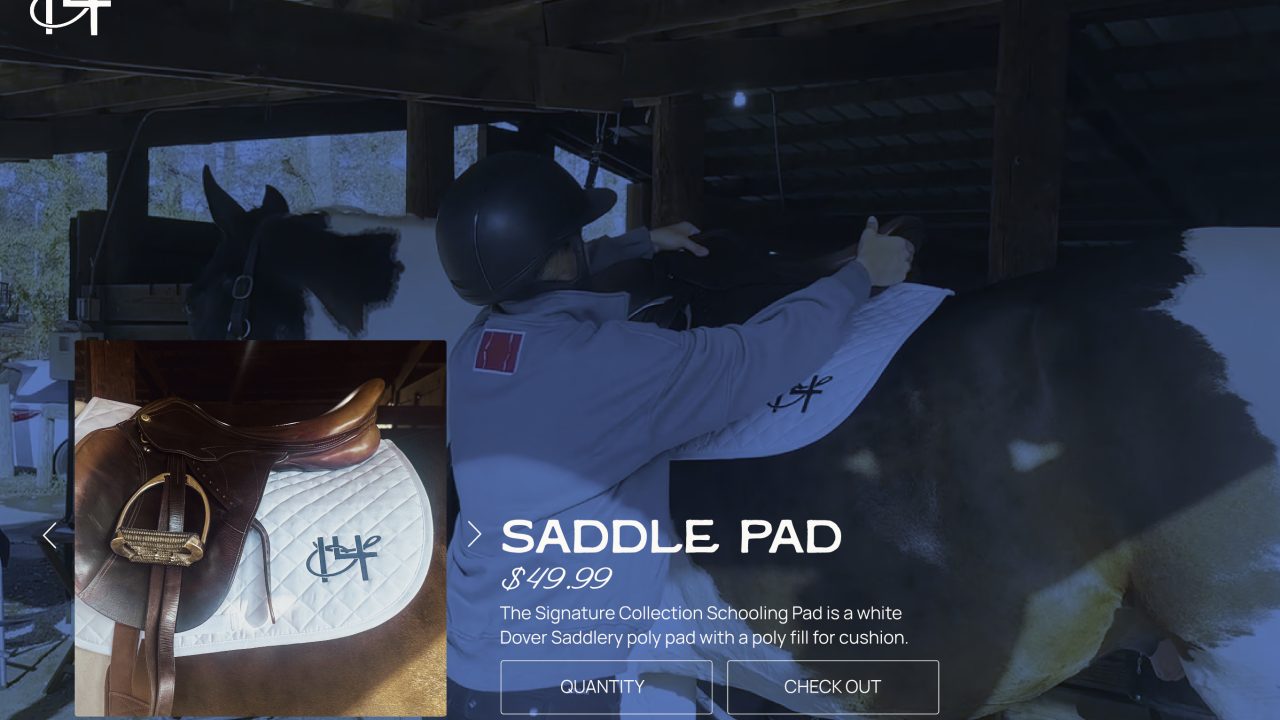 A person places a white saddle pad with a logo onto a horse under a wooden shelter; an inset shows a close-up of the saddle pad and saddle. Text displays product details and pricing.