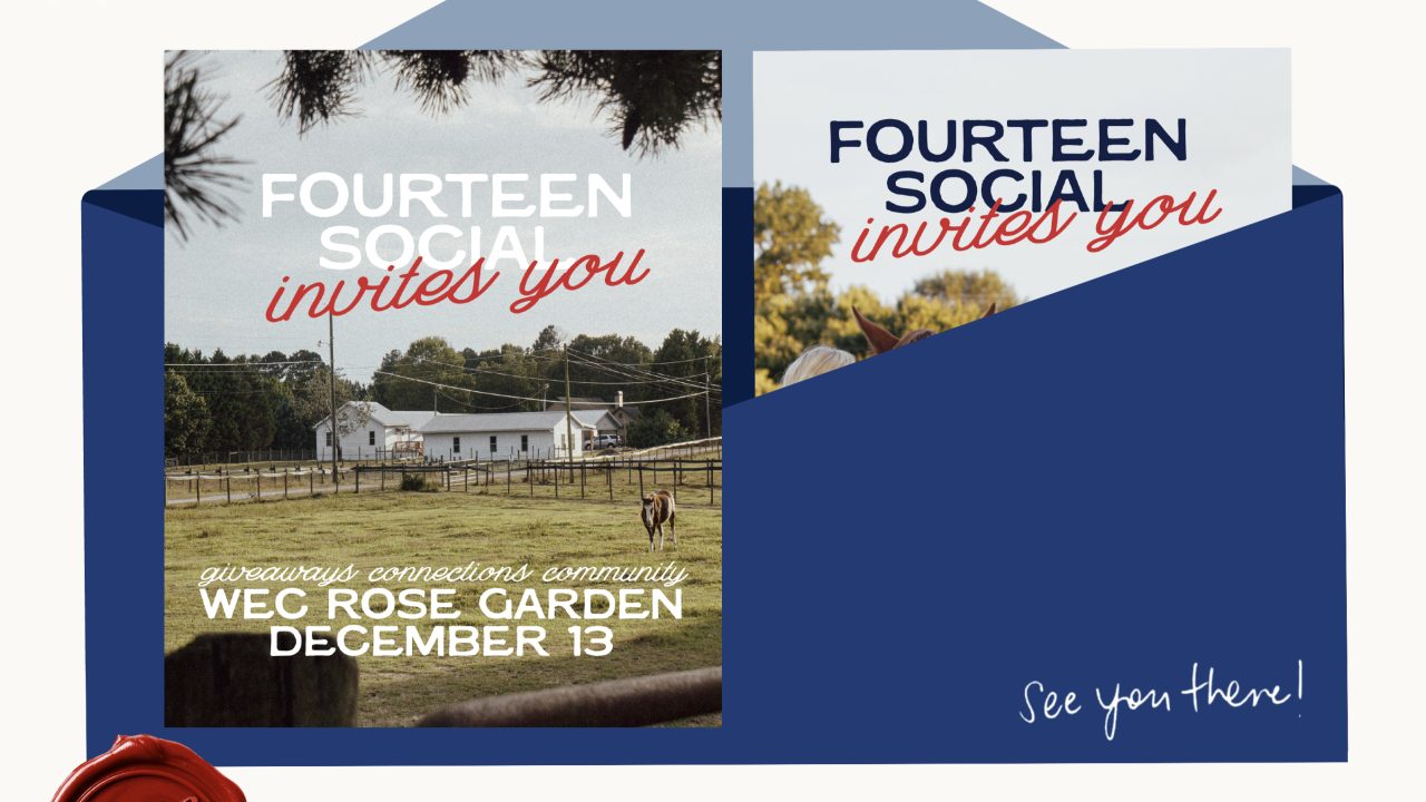 An invitation card for Fourteen Social invites you event at WEC Rose Garden on December 13, featuring a farm scene with a horse and barns.