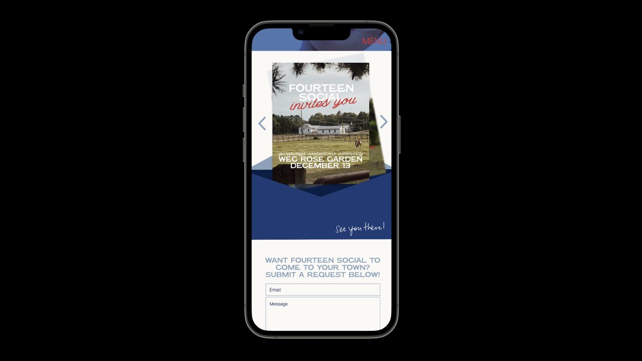 A smartphone displays an event invitation for Fourteen Social at WEC Rose Garden on December 13, with a form to request the group to visit other towns.
