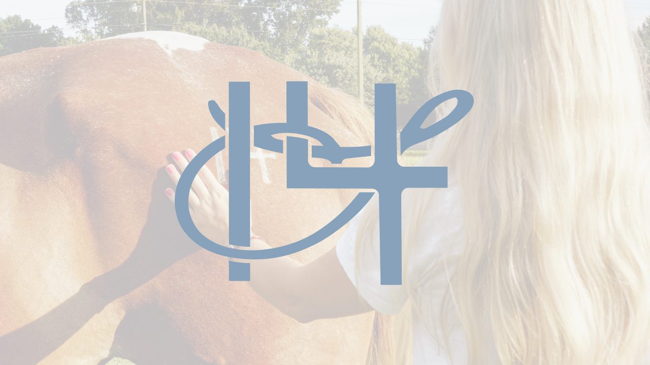 A woman with long blonde hair touches the side of a brown horse outdoors; a large blue logo is overlaid on the image.