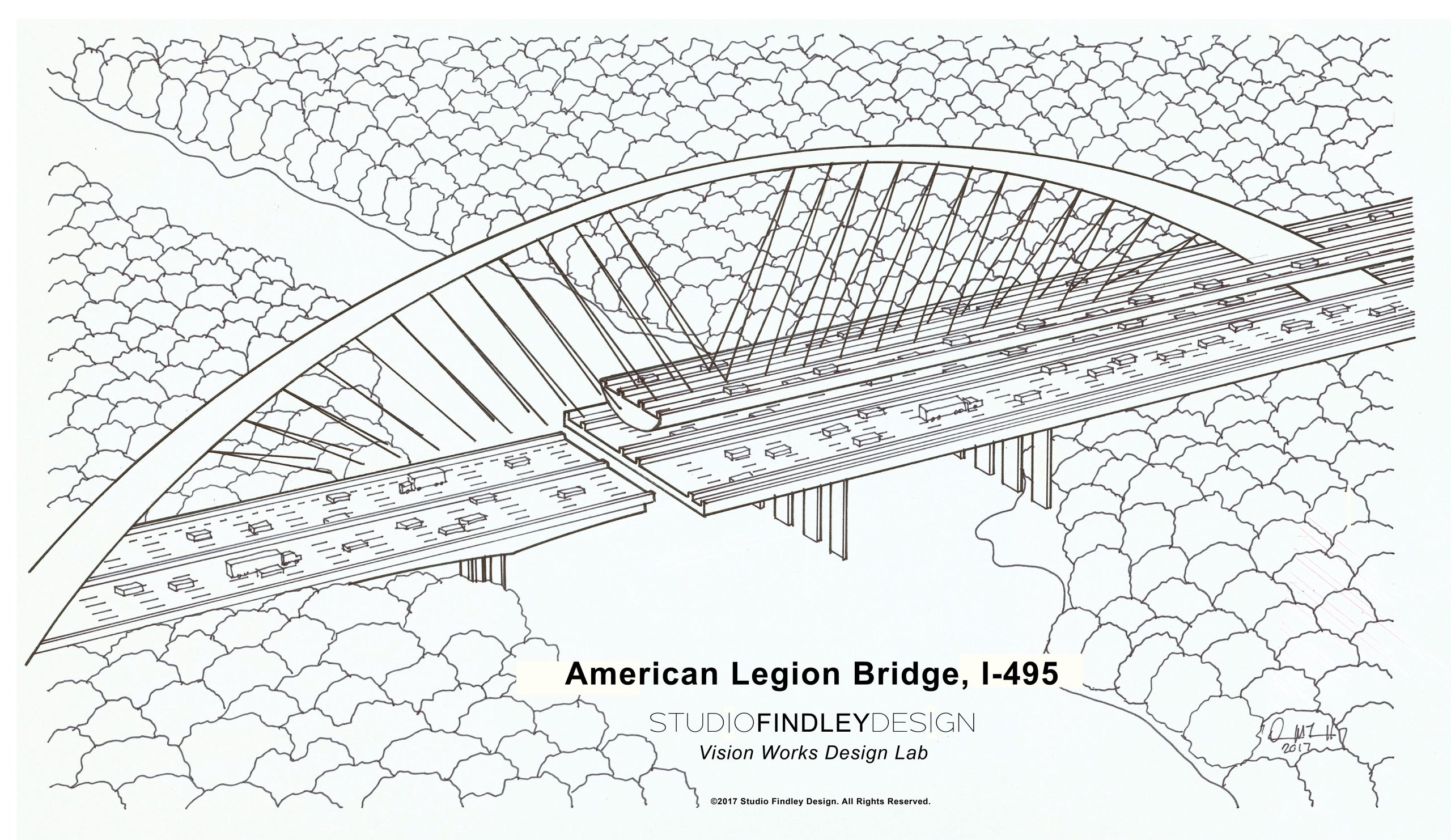 Black and white line drawing of the American Legion Bridge on I-495, showing traffic lanes and an arched support structure spanning over a river and wooded area.