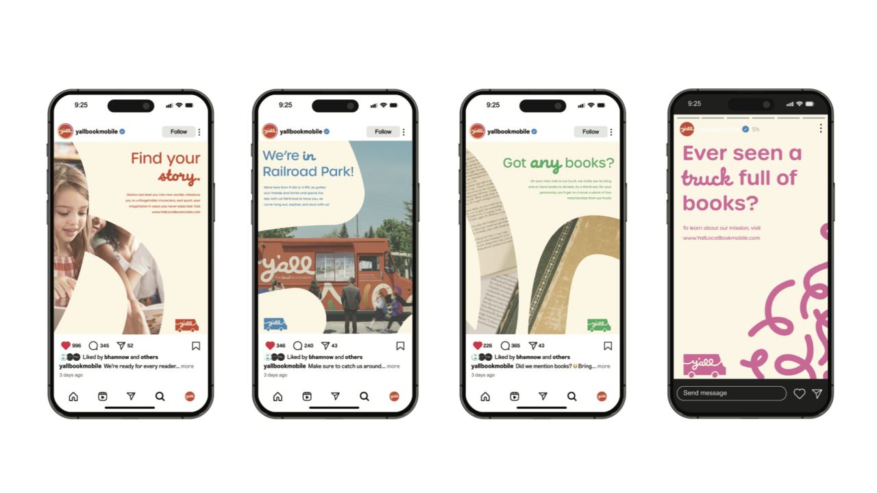 Four smartphones display social media posts promoting books and reading, featuring colorful graphics and text such as Find your story and Ever seen a truck full of books?.