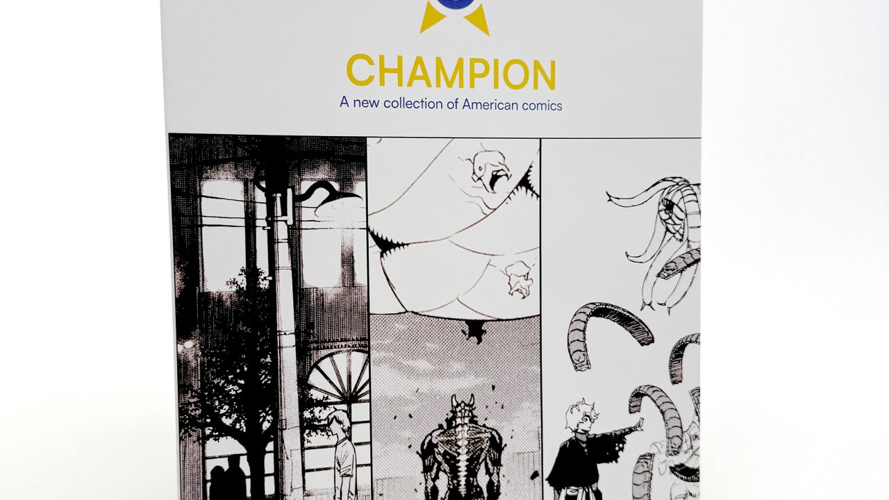 A display board titled CHAMPION: A new collection of American comics features a yellow star logo and four black-and-white comic panels with various characters and scenes.