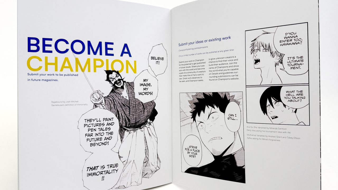 An open magazine displays a Become a Champion headline with manga-style illustrations and text, encouraging readers to submit their creative work for publication.