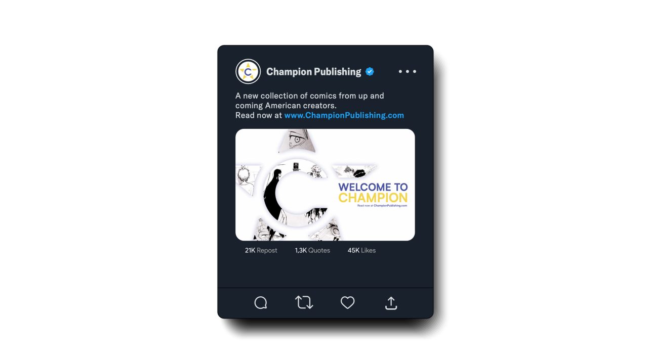 Social media post from Champion Publishing promoting a new collection of comics by American creators, with an image reading Welcome to Champion and cartoon illustrations.