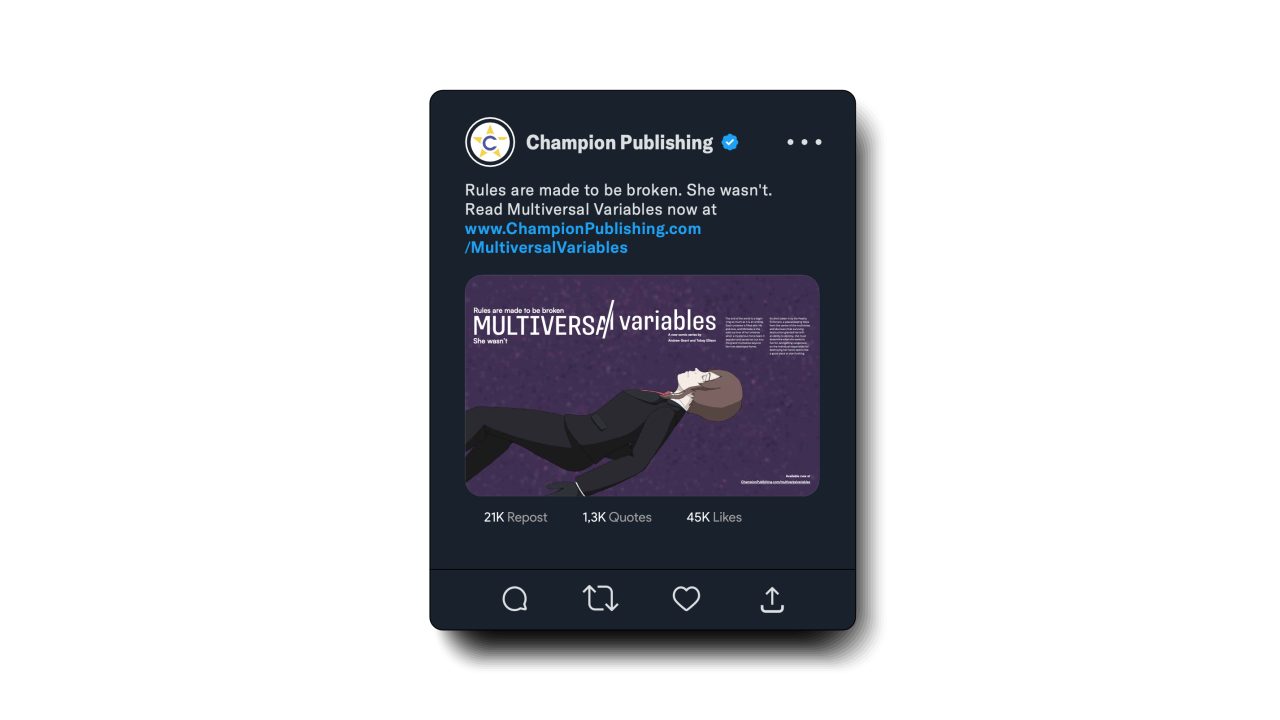 A social media post from Champion Publishing promotes a book titled Multiversal Variables, featuring an illustration of a person floating on a purple background.