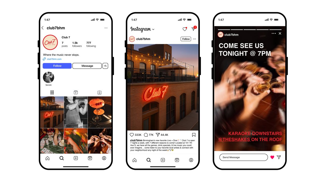 Three smartphone screens display Club 7’s Instagram profile, a rooftop photo with the Club 7 neon sign, and a story promoting karaoke and rooftop events at 7 PM.