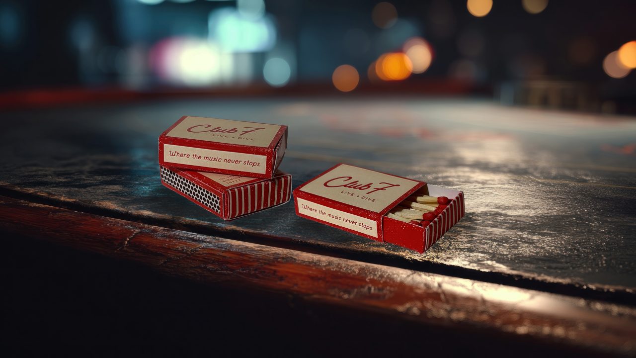 Three red matchboxes labeled Club 7 Live, Love with the slogan Where the music never stops rest on a wooden surface; one box is open showing matches inside.