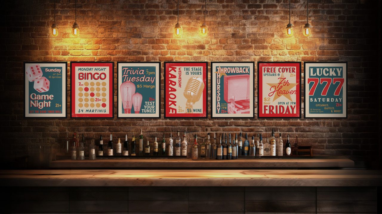 A bar with a brick wall decorated with seven colorful event posters above a counter lined with liquor bottles and illuminated by hanging lights.