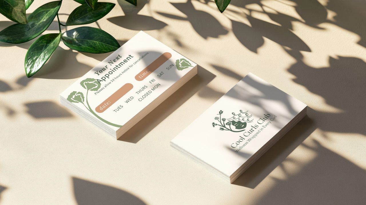 Two stacks of business cards on a light surface, one showing appointment details with days of the week, the other displaying Coast Curls Club and a plant-themed logo.