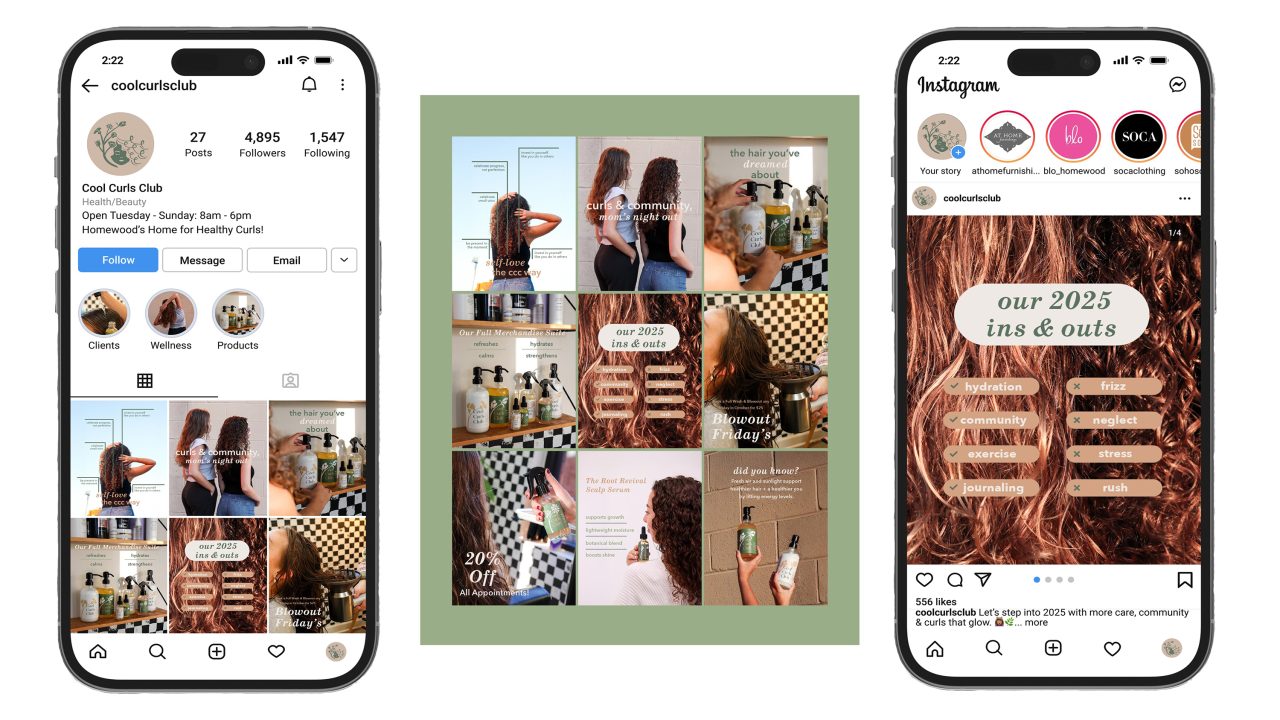 Three phone screens display the Instagram profile and posts of Coal Cuts Club, featuring hair care products, a womans curly hair, and text about salon hours and trends for 2025.
