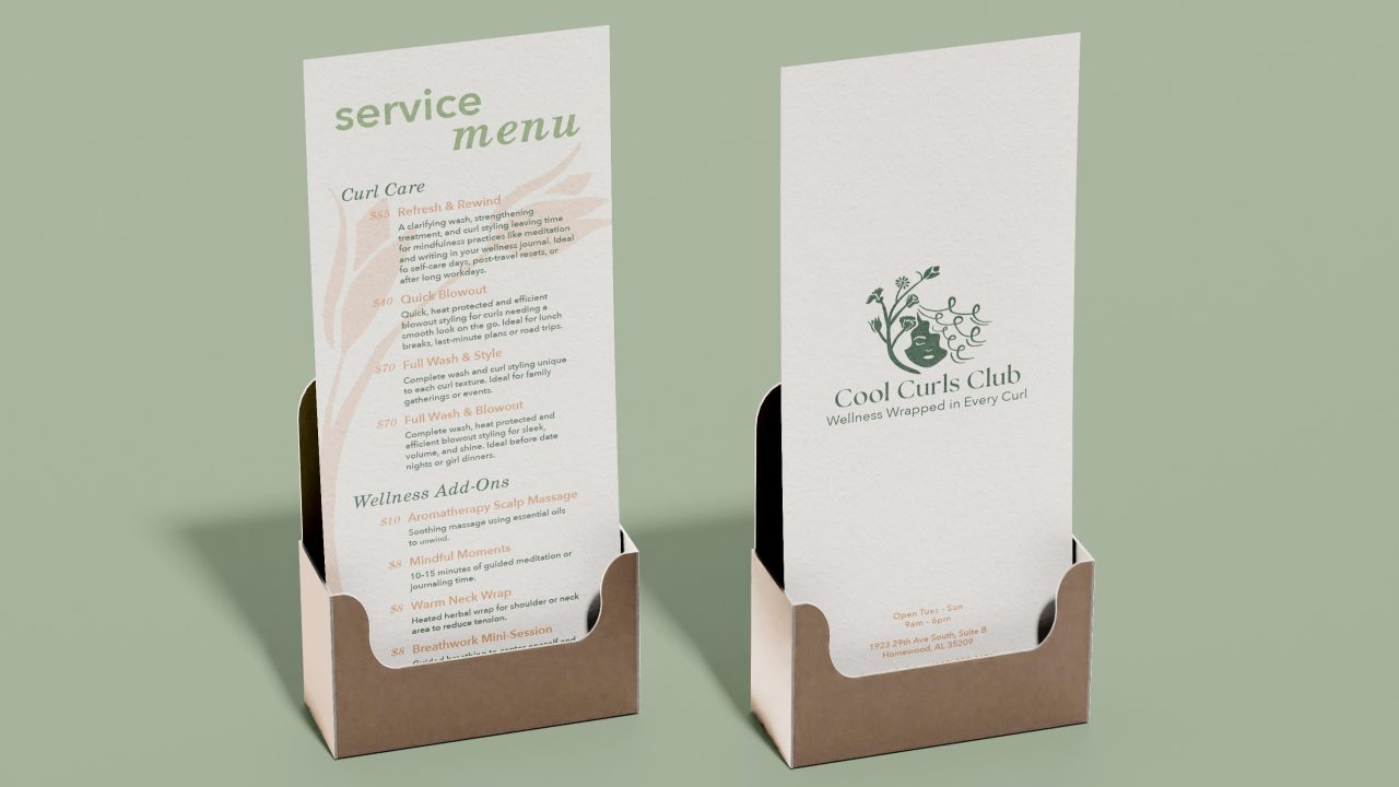 Two service menus for Cool Curls Club are displayed in cardboard holders, listing hair care and wellness services on a light green background.