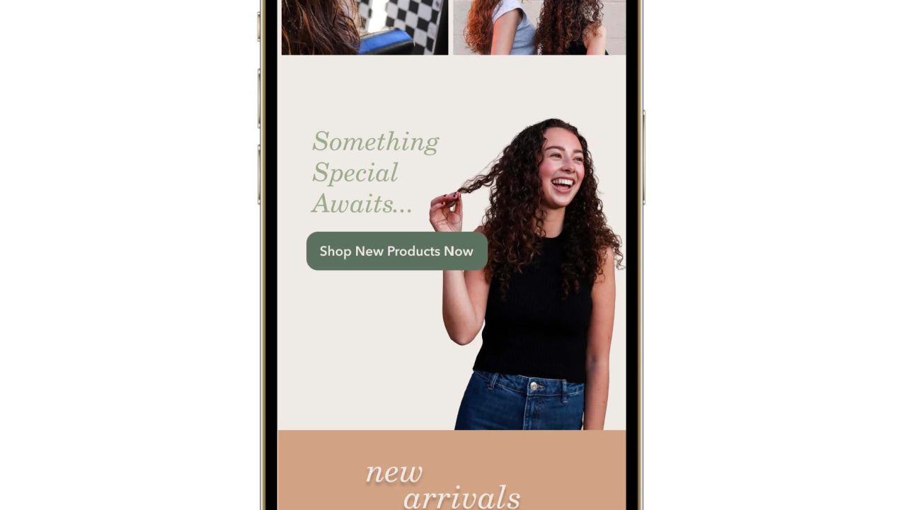 A smartphone screen displays an online shop banner featuring a smiling woman with curly hair, text reading Something Special Awaits…, and a button labeled Shop New Products Now.