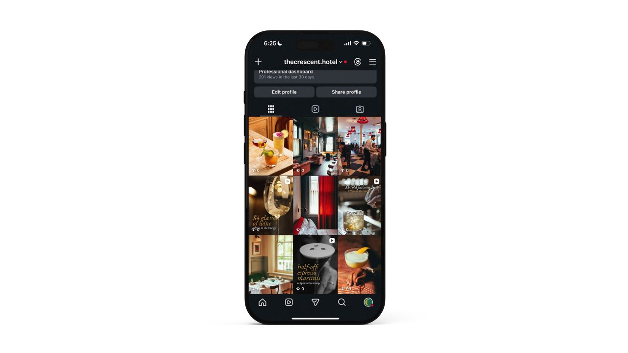 A smartphone displays an Instagram profile grid for thecrescent.hotel, showing various food, beverage, and interior photos from the account.