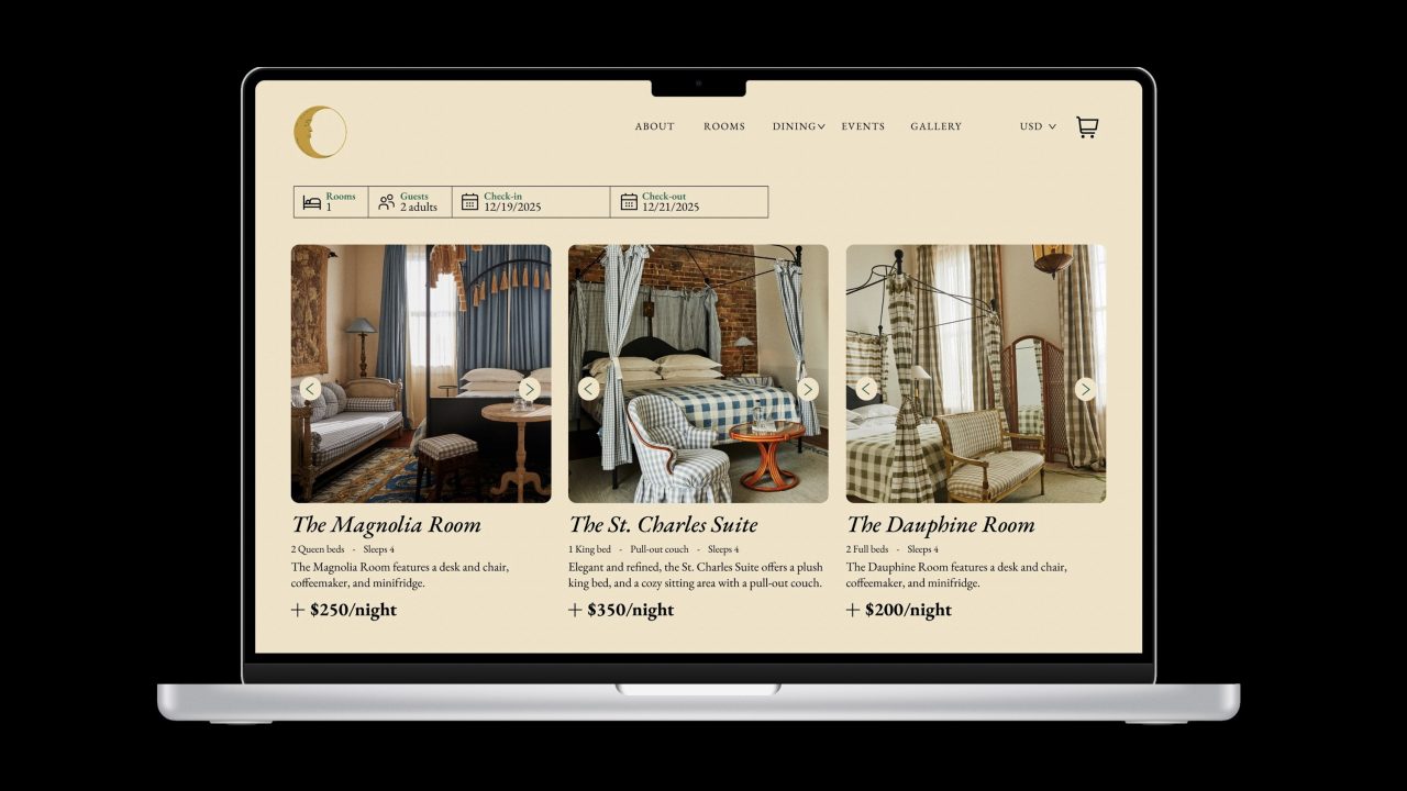 A laptop displays a hotel booking website featuring three room options with photos, descriptions, prices per night, and booking dates selected for two adults.