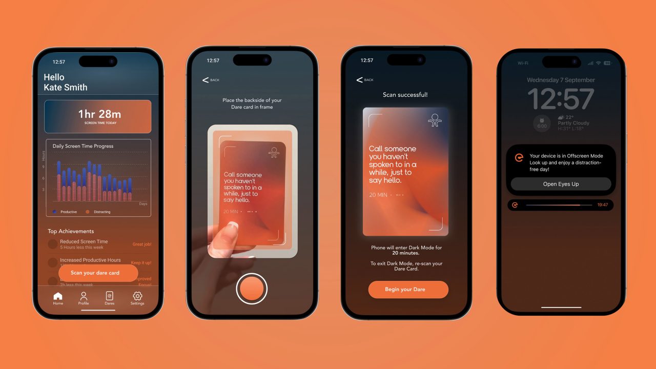 Four smartphone screens display a productivity app interface, showing user stats, a card scanning feature, successful task completion, and notification about device in focus mode.