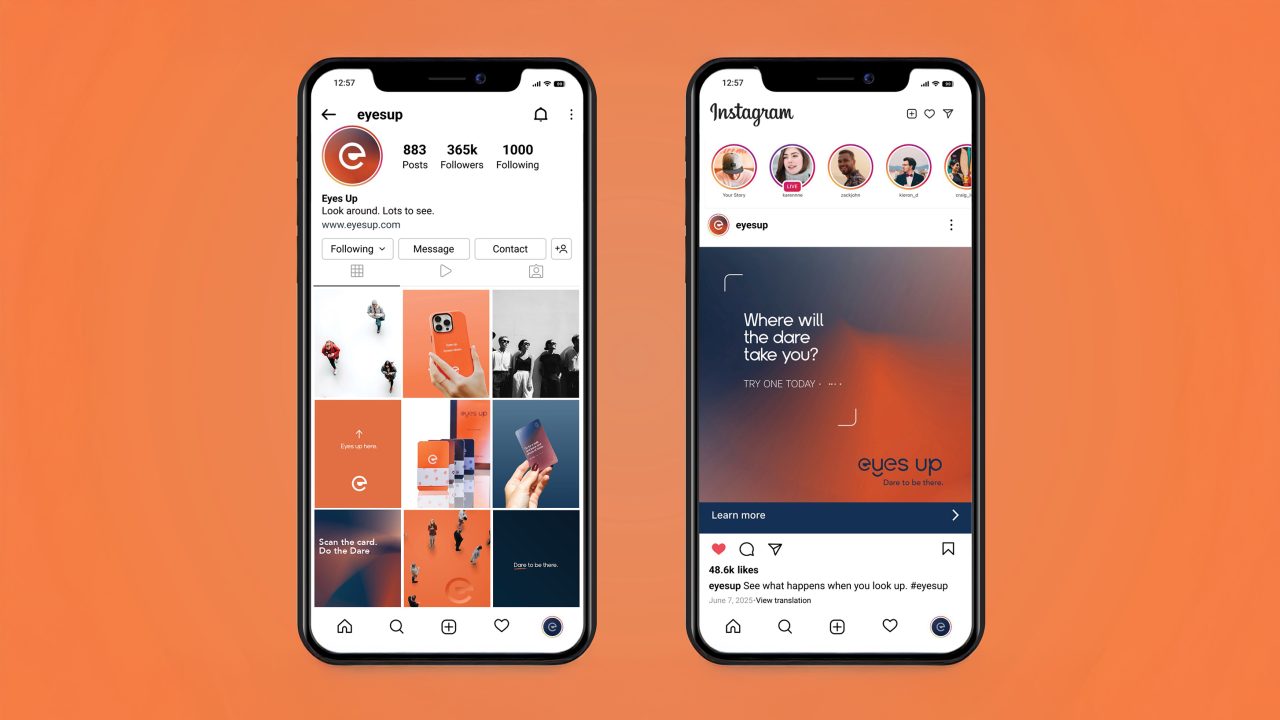 Two smartphones display an Instagram profile and a post from “eyesup,” featuring an orange-themed visual identity and social media campaign elements.