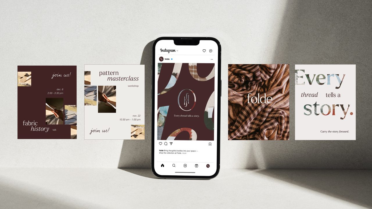 A smartphone displaying an Instagram post is centered between four promotional graphics about fabric history and pattern masterclass workshops, with sunlight casting shadows on the background.