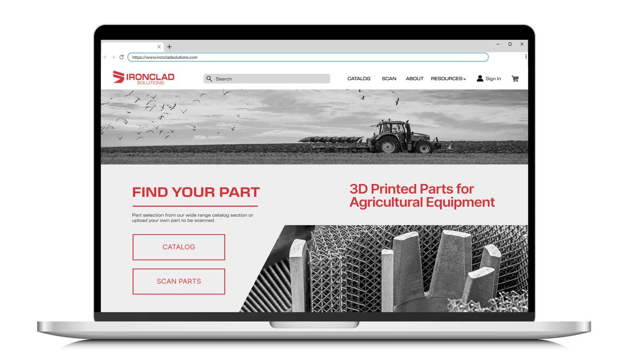 A laptop displays the Ironclad Innovation website homepage, featuring a tractor in a field and options to browse or scan 3D printed parts for agricultural equipment.