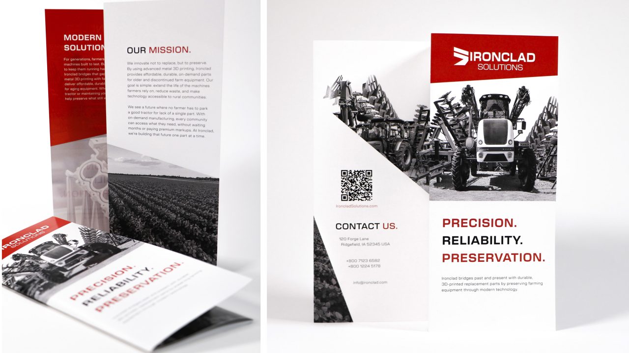 Two tri-fold brochures for Ironclad Solutions are shown, featuring red and white designs, a tractor image, and text highlighting the company’s mission and values.