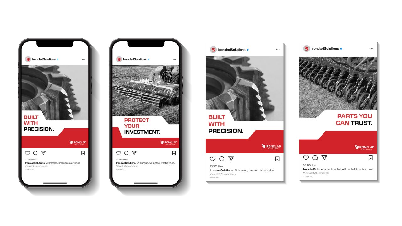 Four smartphone screens display Ironclad Solutions social media posts featuring agricultural machinery and bold red and white text promoting precision, protection, and trust.