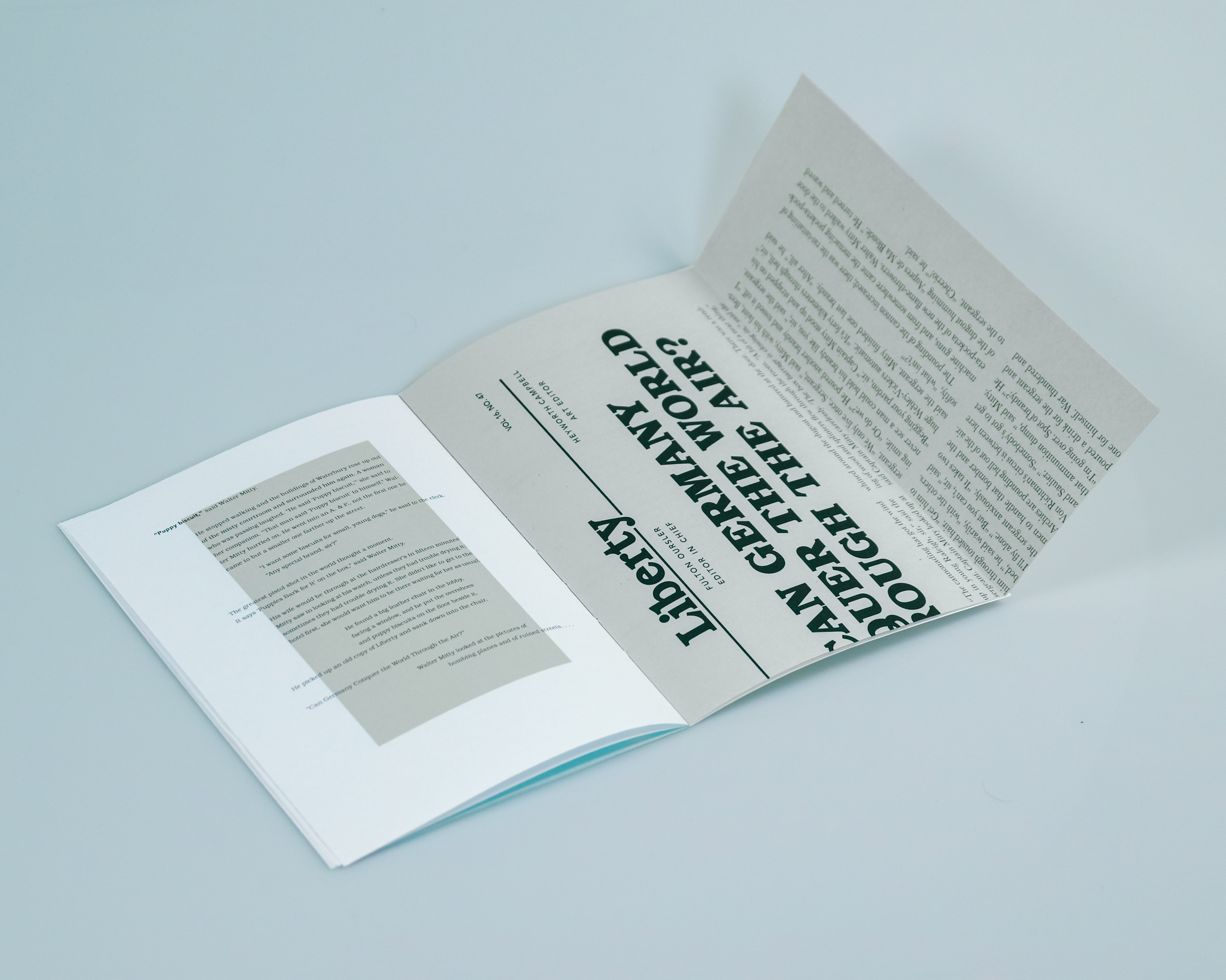An open booklet lies on a white surface, showing pages with black text in various fonts and sizes, including bold headlines and blocks of paragraph text.