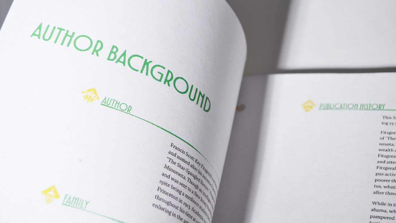 Open book showing sections titled AUTHOR BACKGROUND, AUTHOR, FAMILY, and PUBLICATION HISTORY in green and yellow text on white pages.