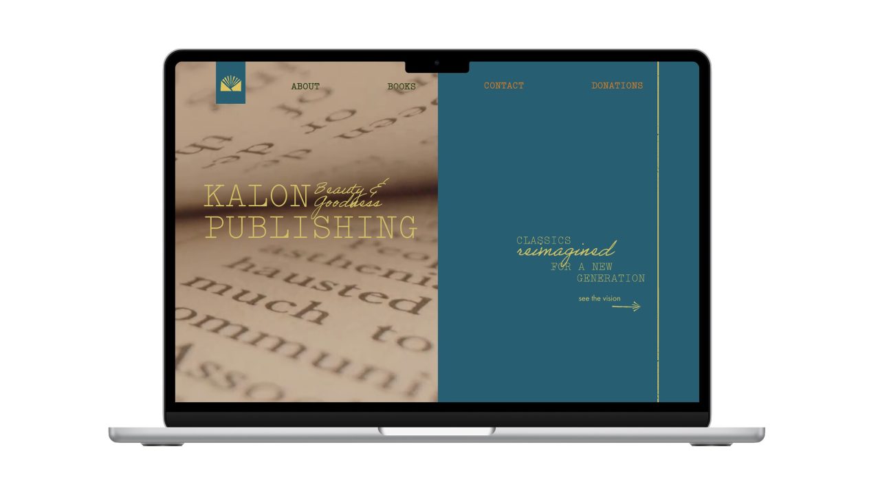 A laptop displays the Kalon Publishing website homepage, featuring blurred text from a book on the left and navigation links on a blue background on the right.