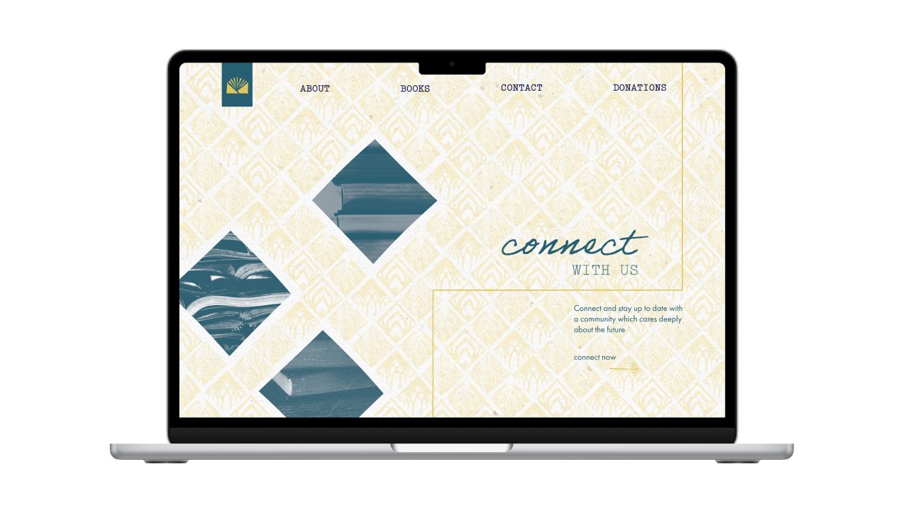 A laptop displays a website with a yellow patterned background, blue diamond-shaped images, and navigation links for About, Books, Contact, and Donations. The text reads “connect with us.”.