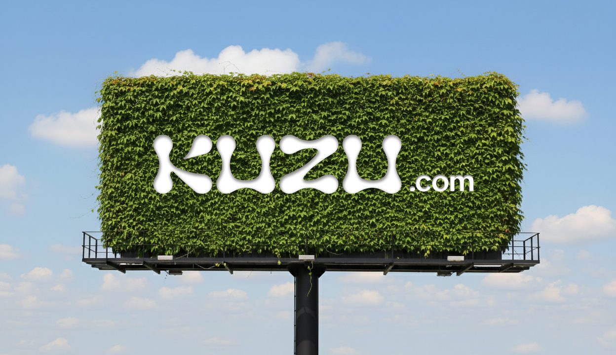A billboard covered in green ivy displays the text KUZU.com in large white letters against a blue sky with clouds.