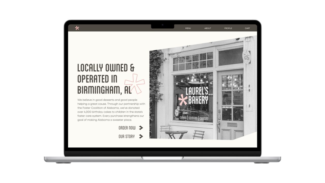 Laptop screen displaying a bakery website with a storefront photo labeled Laurel’s Bakery and text stating it is locally owned and operated in Birmingham, AL.
