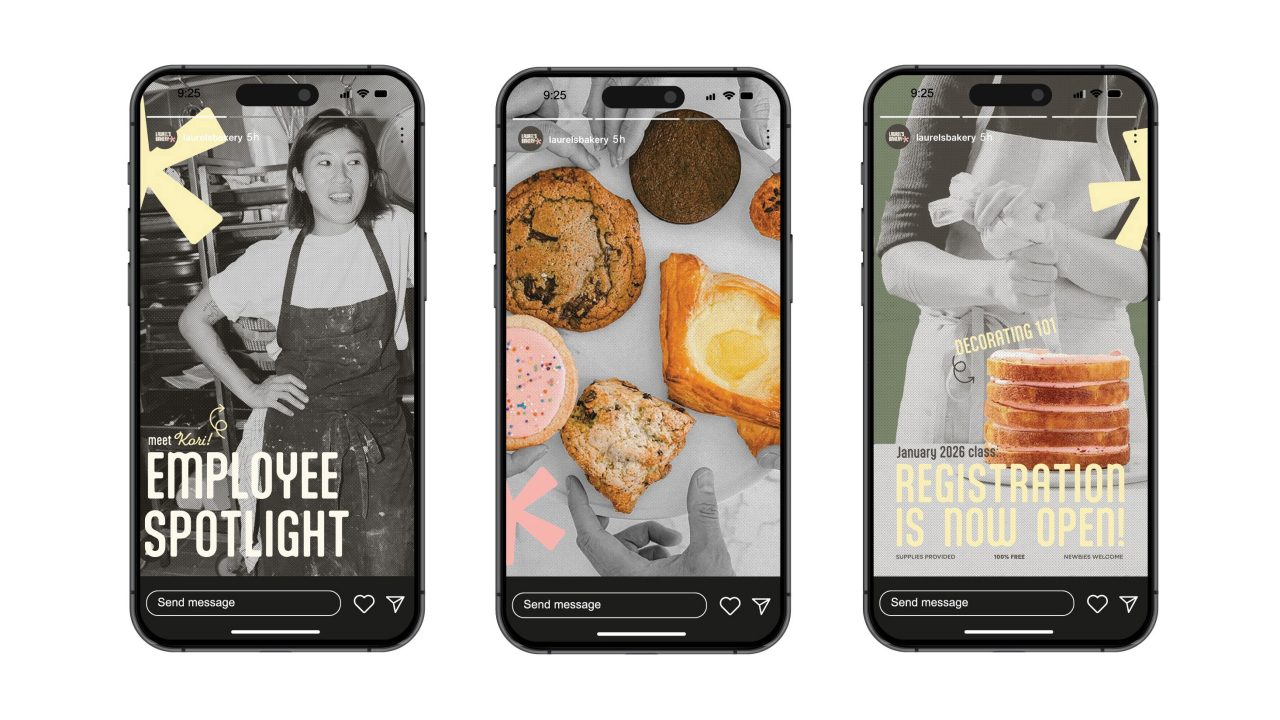 Three smartphone screens display Instagram Stories: an employee spotlight, an assortment of baked goods, and an announcement for open registration featuring pancakes.