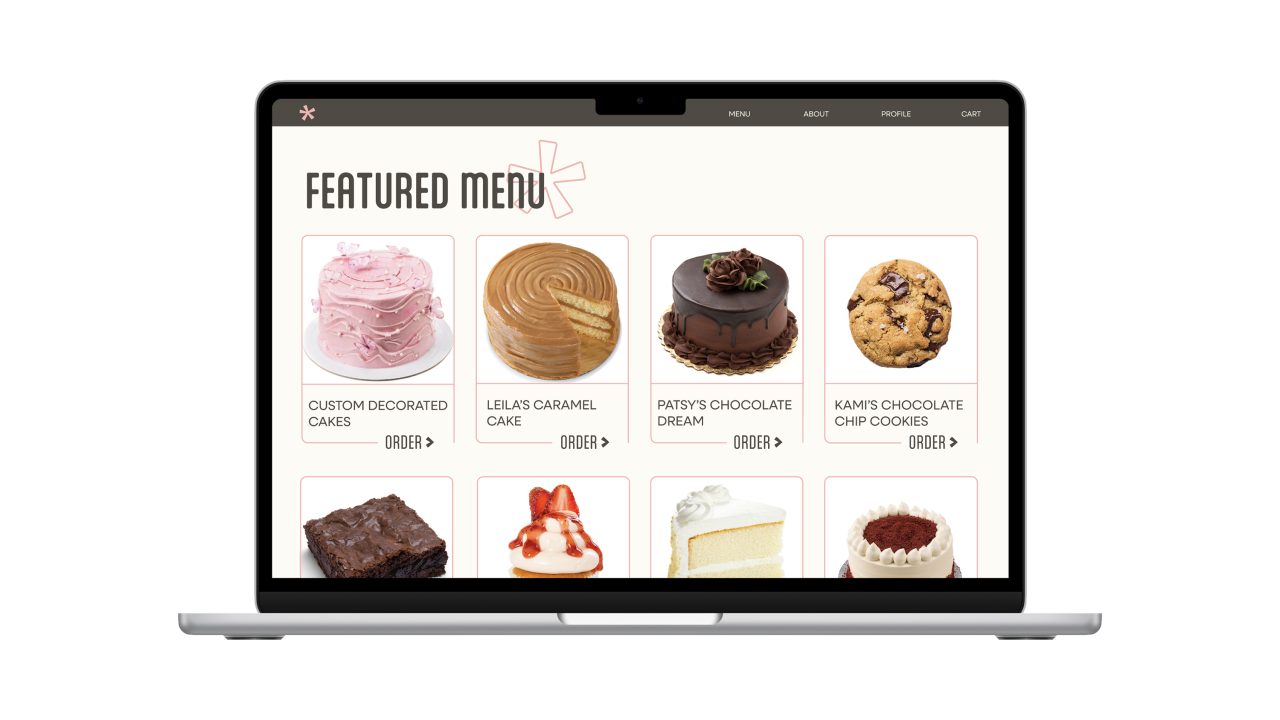 A laptop displays a bakery websites featured menu, showing images and names of cakes, cookies, brownies, and other desserts with order buttons.