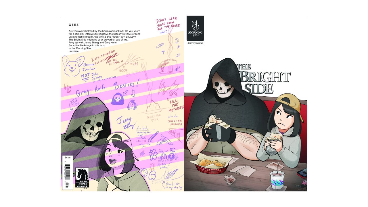 A hooded skeleton and a young woman eat fast food together in a diner booth; the back cover features doodles, notes, and a description of the comic.