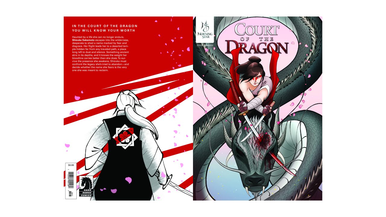 The front cover shows a woman in red and white sitting on a dragon’s head; the back shows a person in black holding a sword, with red and white graphic elements and text.
