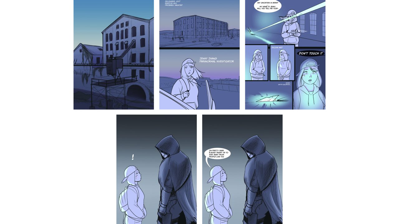 A hooded figure confronts a person in a hat outside an industrial building at dusk; the figure uses a green laser to destroy an object the person is reaching for.