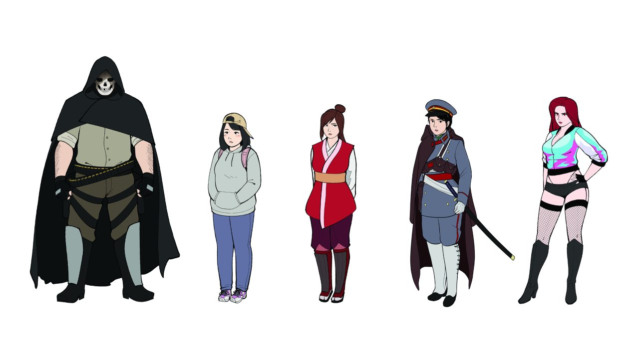 Five diverse characters stand in a row, each in distinct outfits: a hooded figure, a casual woman, a woman in red attire, a uniformed officer, and a woman in a revealing outfit.