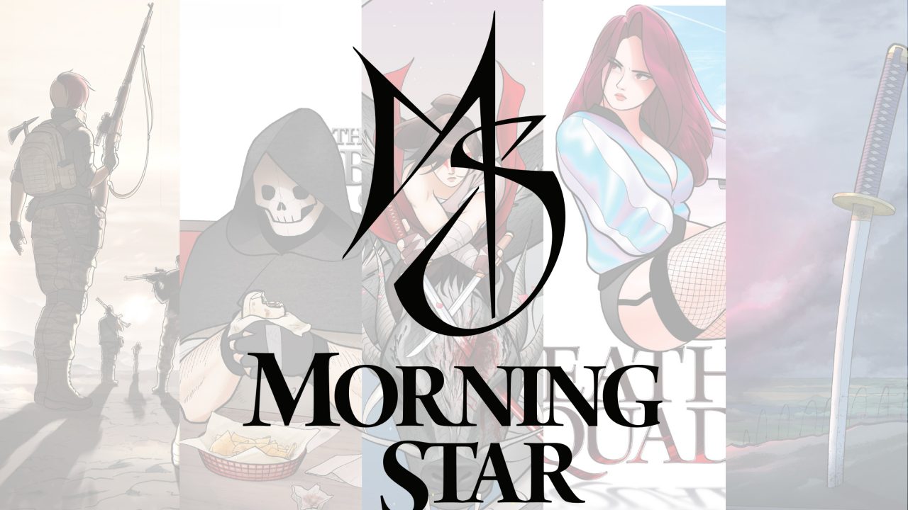 A black MS Morning Star logo is centered over a faded collage of illustrated characters, including a soldier, a skeleton, a woman, and a sword on a blue background.