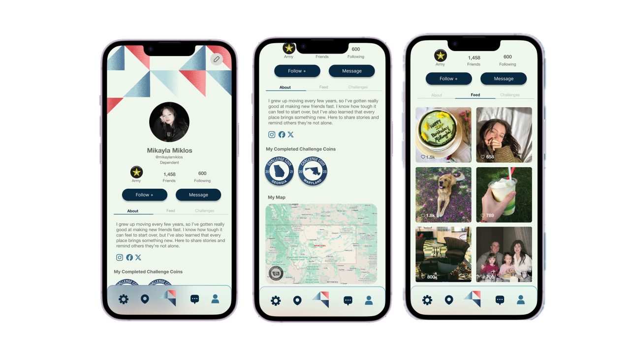Three smartphone screens display a social media app profile with user info, posts, completed challenges, map, and photo gallery layout.
