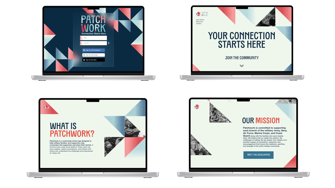 Four laptop screens display different pages of a website featuring geometric patterns, informational text, and call-to-action buttons about a community called Patchwork.