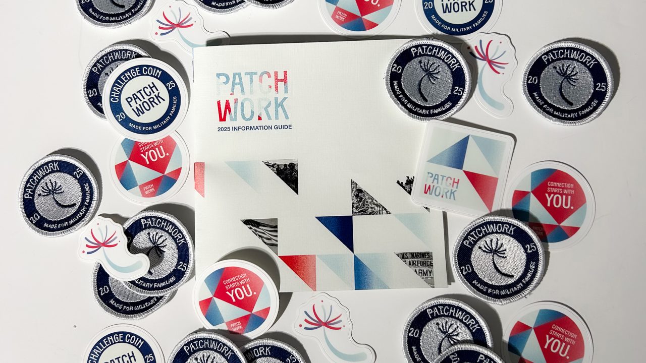 A 2018 Patchwork information guide is surrounded by various round and square stickers with Patchwork, You, and Patchnumber Challenge Coin printed on them.
