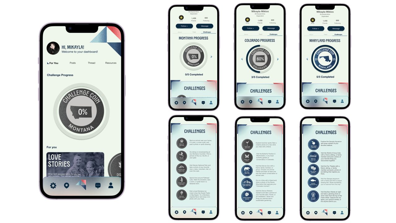 A mobile app dashboard and six app screens display challenge progress, state names, completion percentages, and challenge lists for Montana, Colorado, and Maryland.