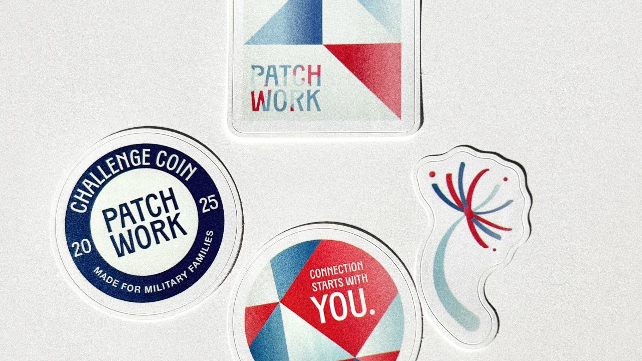 Four stickers on a white surface, including geometric designs, text reading PATCHWORK and CONNECTION STARTS WITH YOU, and a circular CHALLENGE COIN sticker.
