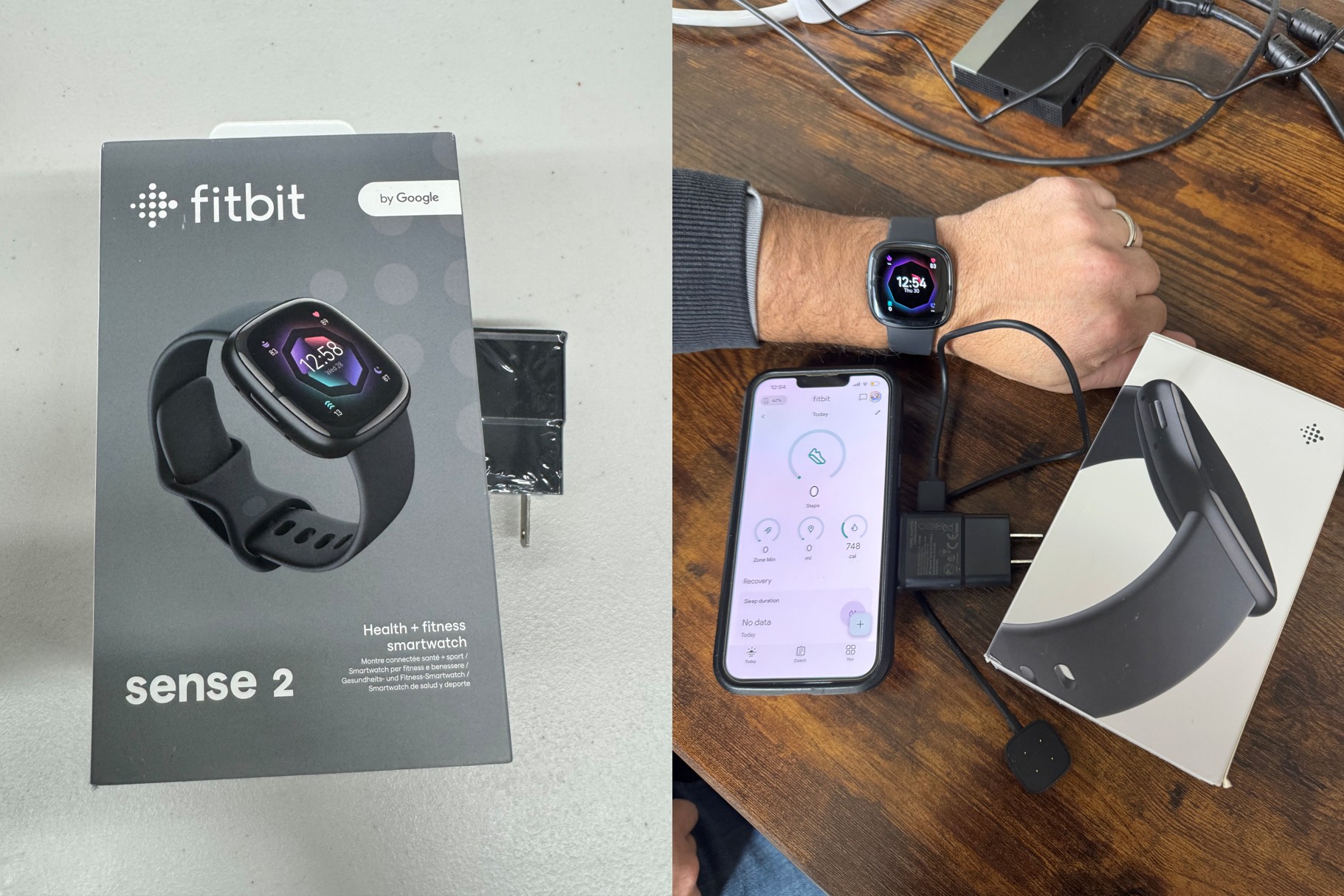 Side-by-side images showing a boxed Fitbit Sense 2 smartwatch with charger on the left, and on the right, the watch being set up next to a smartphone and charging accessories.