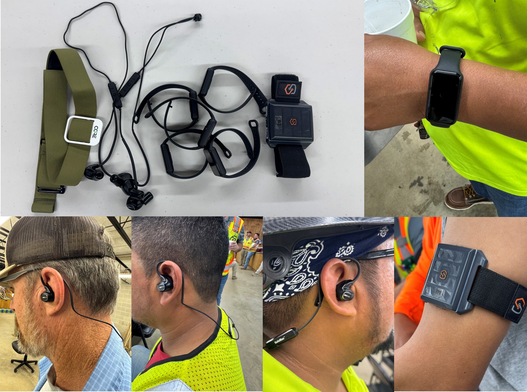A collage shows wearable communication devices: earpieces, wristbands, and headsets, displayed on a table and worn by several people in safety vests and casual attire.