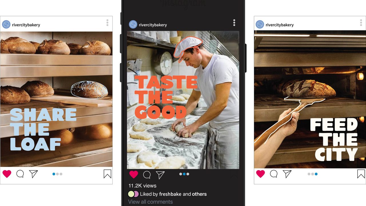 Three Instagram posts from a bakery: bread on racks with SHARE THE LOAF, a baker kneading dough with TASTE THE GOOD, and bread being placed in an oven with FEED THE CITY.